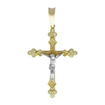 Крестик православный с бриллиантом из бело-желтого золота 01Р680606