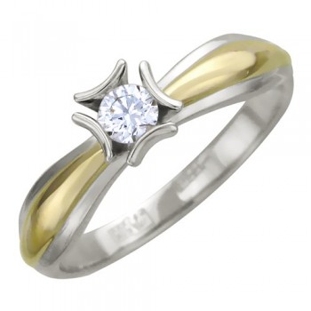 Кольцо с бриллиантом из бело-желтого золота 01К685427