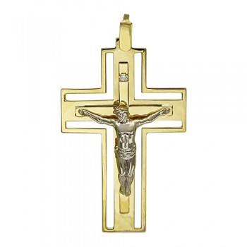 Крестик православный с бриллиантом из бело-желтого золота 01Р680663