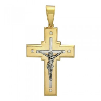 Крестик православный с бриллиантом из бело-желтого золота 01Р680617