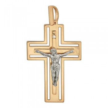 Крестик православный с бриллиантом из бело-красного золота 01Р660663