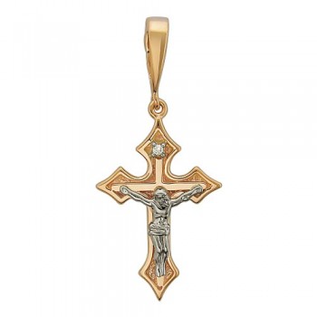 Крестик православный с бриллиантом из бело-красного золота 01Р660605