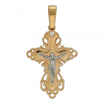 Крестик православный с бриллиантом из бело-красного золота 01Р660654
