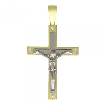 Крестик православный с бриллиантом из бело-желтого золота 01Р680615