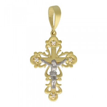 Крестик православный с бриллиантом из бело-желтого золота 01Р680610